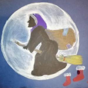 La tradizione della Befana - disegno a matita acquerellabile su sfondo blu notte